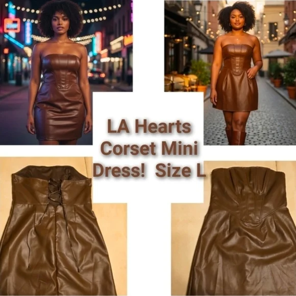 L.A. HEARTS PACSUN Chocolate Brown Faux Leather Corset Mini Dress - Size L. - Picture 14 of 14